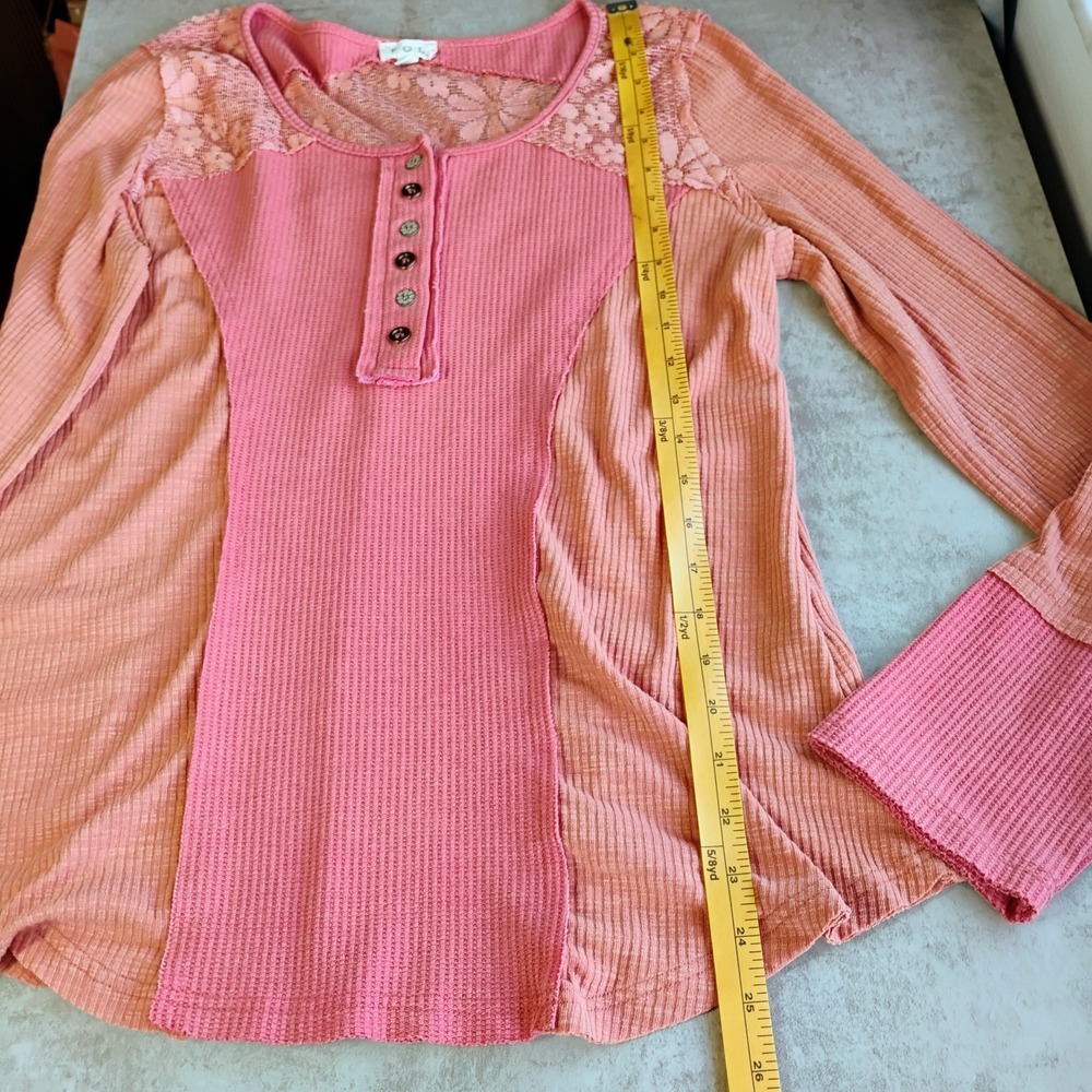 POL Waffle Knit Henley Shirt Womens Small Pink‎ Lace Mixed Media Boho Bohemian - Picture 9 of 10